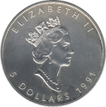 1991 CANADA 5 Dólares HOJA ARCE 1 Onza