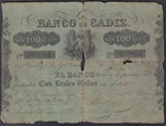 1847 BANCO DE CADIZ 100 REALES DE VELLON - 1a EMIS. Ord.Cat.3